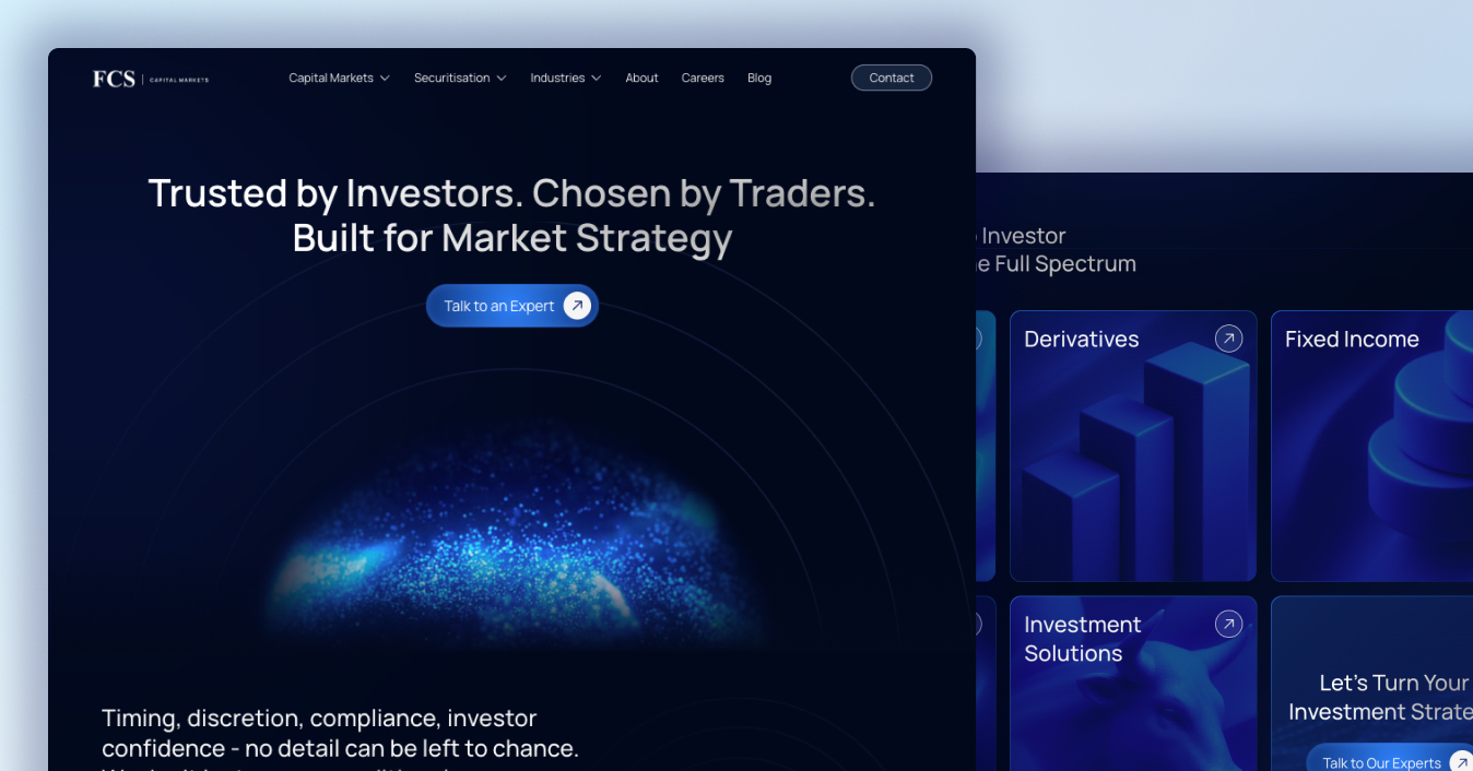 FCS Capital Markets homepage hero with the animated globe, beside the Capital Markets service cards for Derivatives, Fixed Income and Investment Solutions