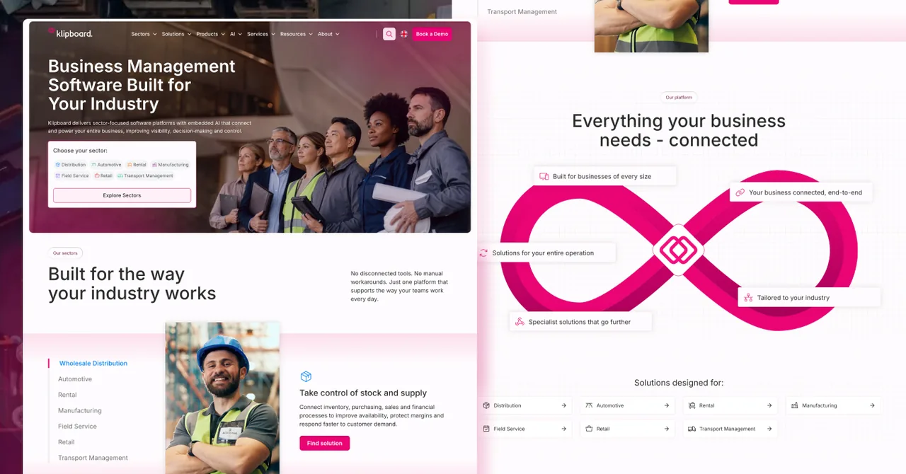 Klipboard on Webflow: the industry-specific ERP and field service homepage with sector selector and the connected-platform infinity graphic