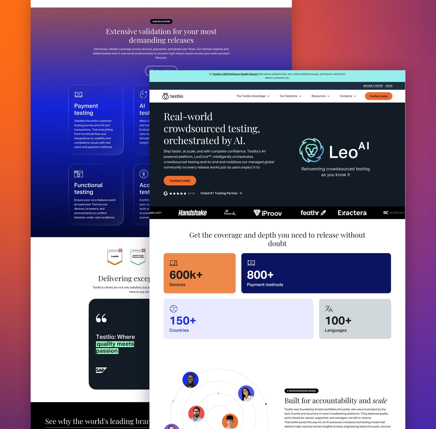 Testlio homepage design with the Real-world crowdsourced testing hero, coverage stats and crowdsourcing model section, layered over the solutions and client stories sections