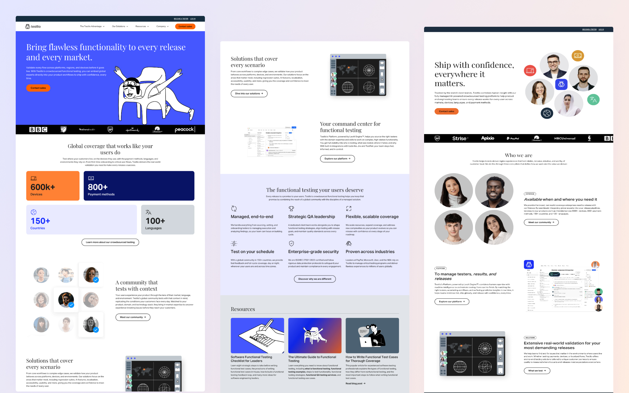 Three full Testlio pages built from the shared templates: the functional testing solution page, its features and resources sections, and a company page with team portraits
