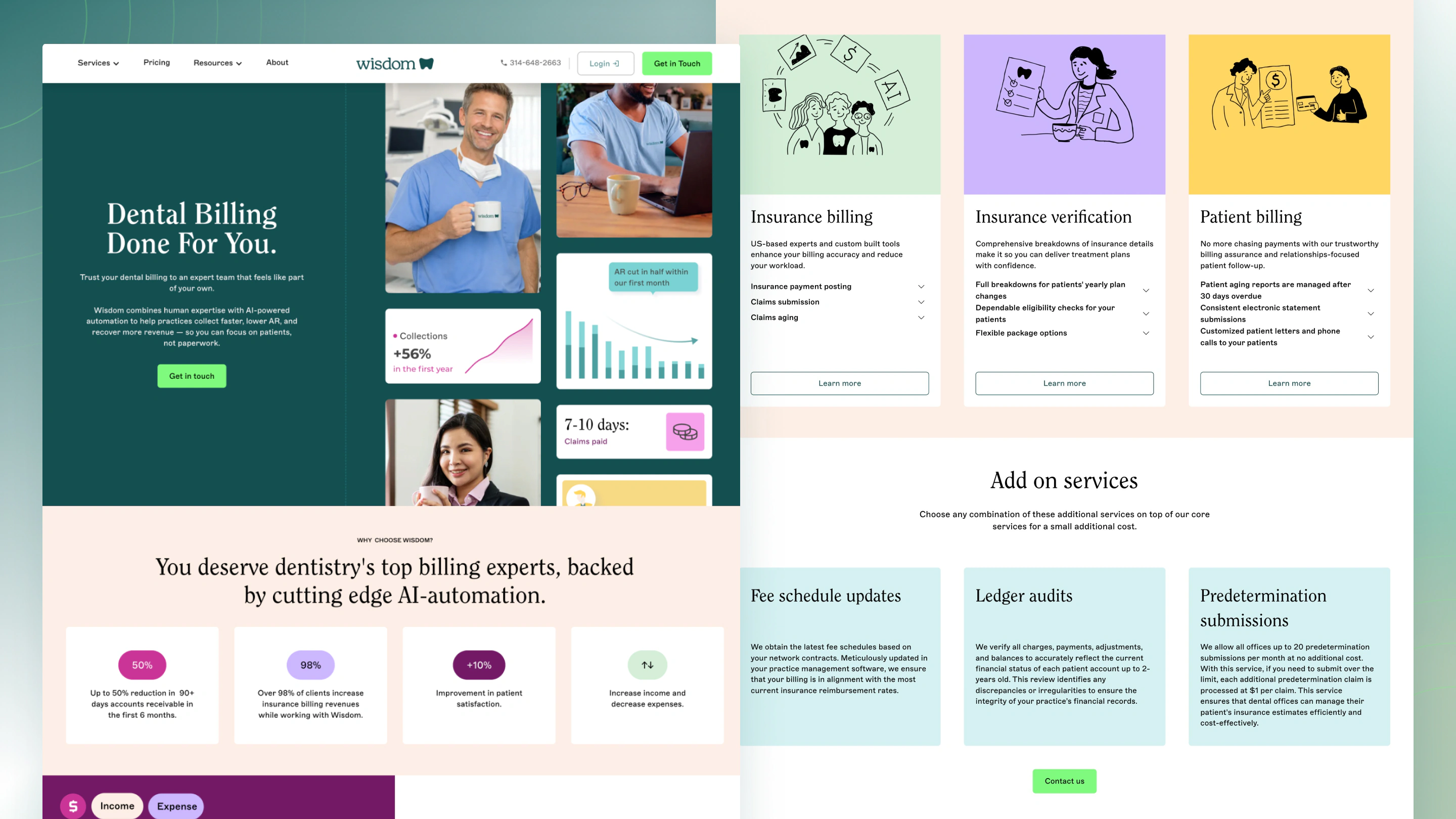 The Wisdom website: the Dental Billing Done For You homepage, beside the insurance billing, insurance verification and patient billing services